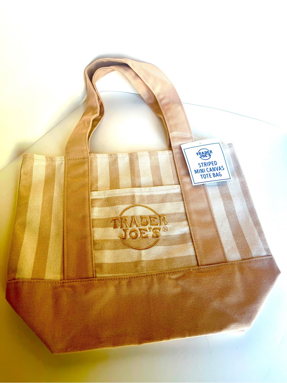 Trader Joe’s Striped Canvas Mini Tote Bag in Tan Beige 13” x 11”